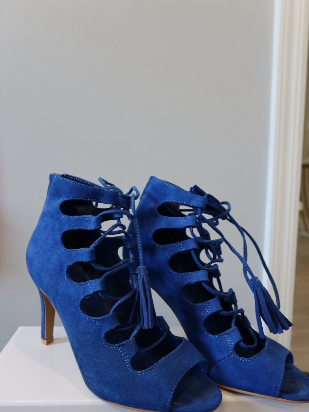 Nine West Cobalt Blue Suede Lace-Up Peep Toe Heels